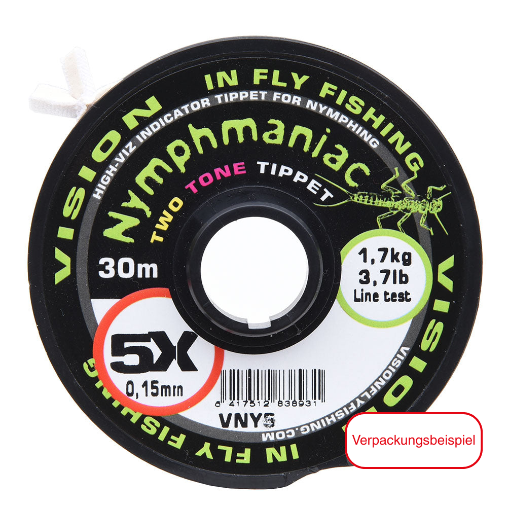 Vision Nymphmaniac Two Tone Tippet 3X Spule, Detail fluoreszierende Pink Gelb Segmente Nymphmaniac Two Tone, Vision Nymphmaniac Two Tone Tippet 3X Beschriftung auf Spule, Nymphmaniac Two Tone Tippet 3X als Sighter im Nymphen-Vorfach, Fliegenfischer nutzt Vision Nymphmaniac Two Tone Tippet am Bergfluss, Nahaufnahme Vision Nymphmaniac Two Tone Tippet Knoten, Vision Nymphmaniac Two Tone 30m Spule für Euro Nymphing